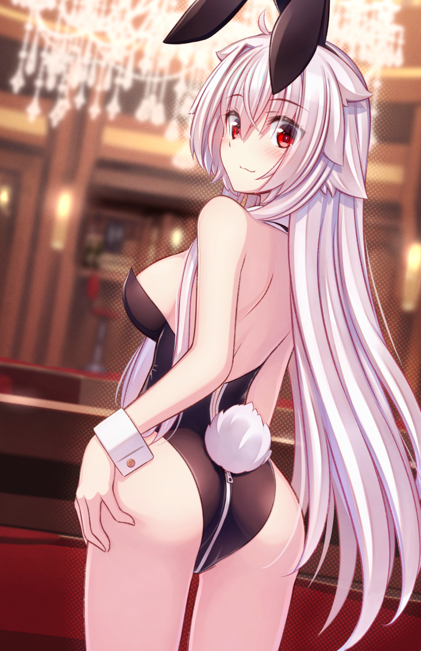 1girl absurdres ahoge animal_ears ass bare_shoulders black_hairband black_leotard blurry blurry_background blush breasts closed_mouth depth_of_field from_behind grey_hair hair_between_eyes hair_flaps hairband hand_on_own_ass highres indoors leotard long_hair medium_breasts murasame_shia original playboy_bunny rabbit_ears rabbit_tail red_eyes smile solo strapless strapless_leotard tail very_long_hair wrist_cuffs zipper zipper_pull_tab