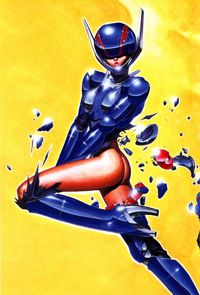 1980s_(style) 1girl armor ass body_armor bottomless breasts bubblegum_crisis butt_crack character_request cropped damaged debris english_commentary glint highres lips looking_at_viewer machinery mecha official_art painting_(medium) power_armor priscilla_asagiri promotional_art retro_artstyle robot scan science_fiction tony_takezaki traditional_media undressing