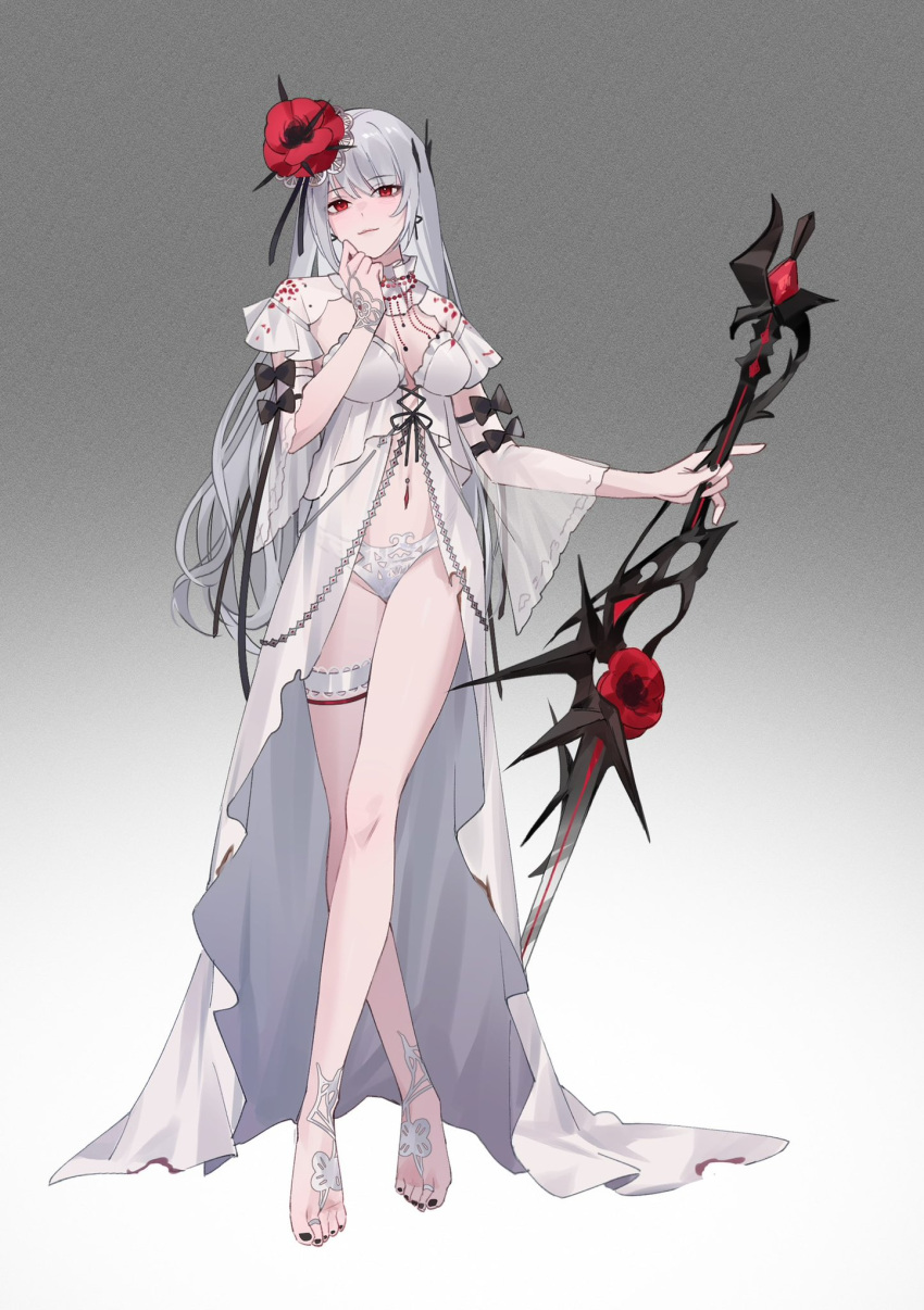 1girl babydoll barefoot black_bow black_nails bow breasts chinese_commentary cleavage closed_mouth commentary_request coquelic_(path_to_nowhere) flower full_body gradient_background grey_background grey_hair hair_flower hair_ornament highres holding holding_sword holding_weapon long_hair looking_at_viewer medium_breasts miix777 panties path_to_nowhere red_eyes red_flower solo sword thigh_strap underwear weapon white_babydoll white_background white_panties