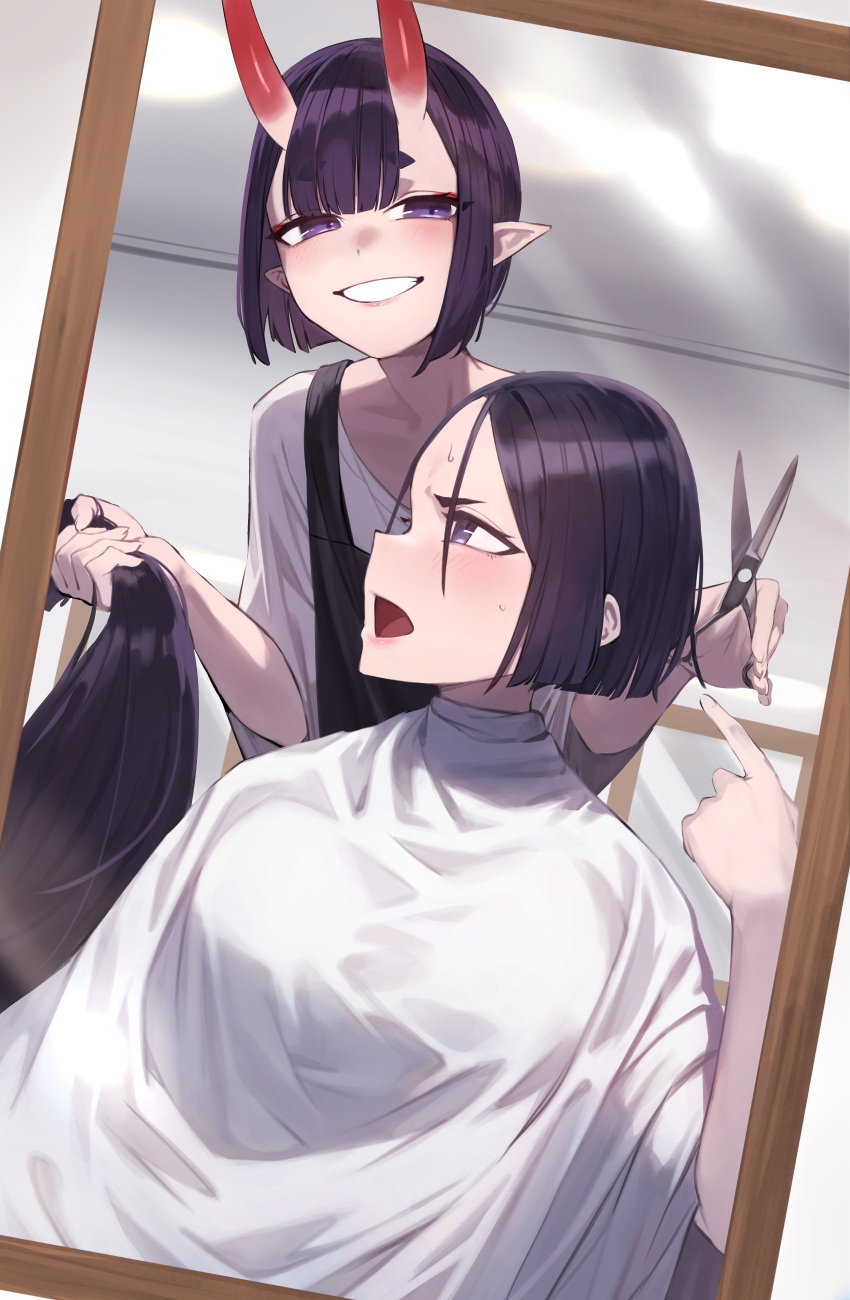 2girls absurdres alternate_hair_length alternate_hairstyle angry apron bent_over black_apron blunt_bangs blunt_ends blush bob_cut center-flap_bangs chorogon cutting_hair dutch_angle eyeliner fate/grand_order fate_(series) furrowed_brow grin hair_salon hand_in_another's_hair highres holding holding_another's_hair holding_scissors horns indoors leaning_forward looking_at_another looking_at_mirror looking_at_viewer looking_back makeup minamoto_no_raikou_(fate) mirror multiple_girls narrowed_eyes oni open_mouth pointing pointing_at_self pointy_ears purple_eyes purple_hair red_eyeliner reflection scissors severed_hair shirt short_hair shuten_douji_(fate) skin-covered_horns smile thick_eyebrows upper_body v-shaped_eyebrows w_arms white_apron white_shirt