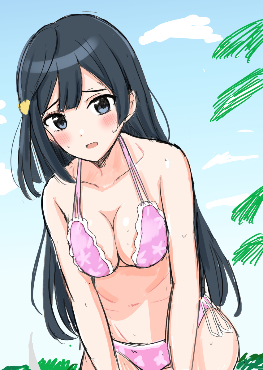 1girl bikini black_hair blush breasts cleavage collarbone commentary_request furrowed_brow grey_eyes hair_between_eyes highres long_hair looking_at_viewer love_live! love_live!_nijigasaki_high_school_idol_club medium_breasts midriff navel open_mouth pink_bikini sketch solo sweat swimsuit tatsumi432 upper_body yuki_setsuna_(love_live!)