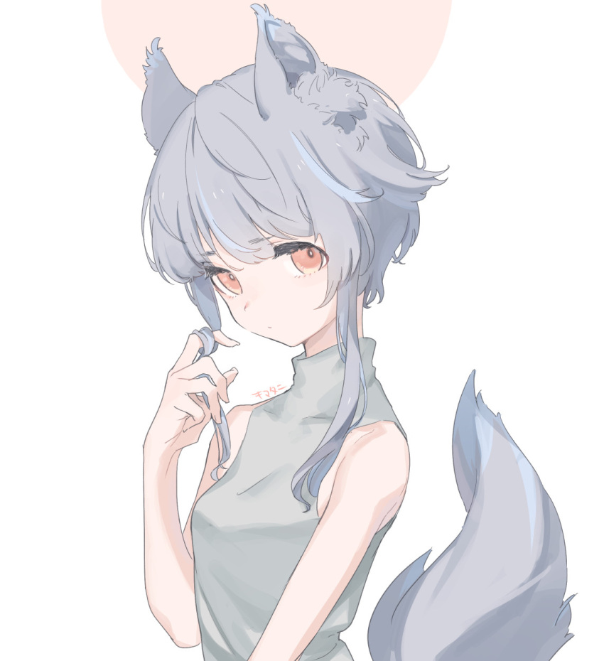 1girl :/ animal_ear_fluff animal_ears blue_hair cat_ears cat_girl cat_tail closed_mouth commentary_request grey_hair grey_shirt hand_up highres kinutani_yutaka looking_at_viewer multicolored_hair orange_eyes original playing_with_own_hair shirt short_hair_with_long_locks simple_background sleeveless sleeveless_shirt solo streaked_hair tail turtleneck upper_body white_background