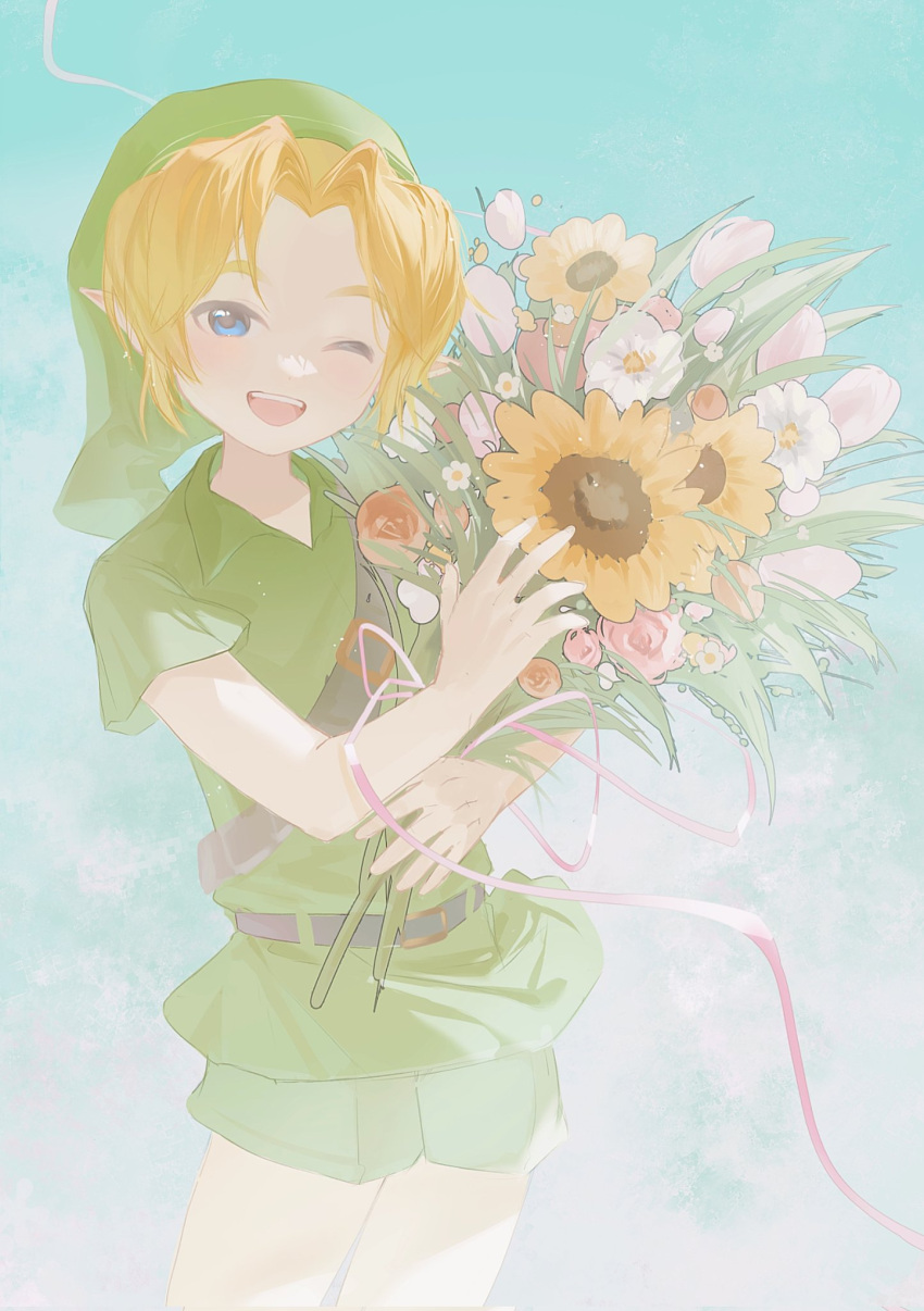 1boy belt belt_buckle blonde_hair bouquet brown_belt buckle child chinese_commentary commentary_request cowboy_shot flower green_shorts green_tunic hat highres holding holding_bouquet light_blue_background link looking_at_viewer one_eye_closed pink_flower pink_ribbon pink_rose pointy_ears ribbon rose shorts smile solo standing sunflower teeth the_legend_of_zelda the_legend_of_zelda:_ocarina_of_time upper_teeth_only white_flower young_link yun_(dl2n5c7kbh8ihcx)