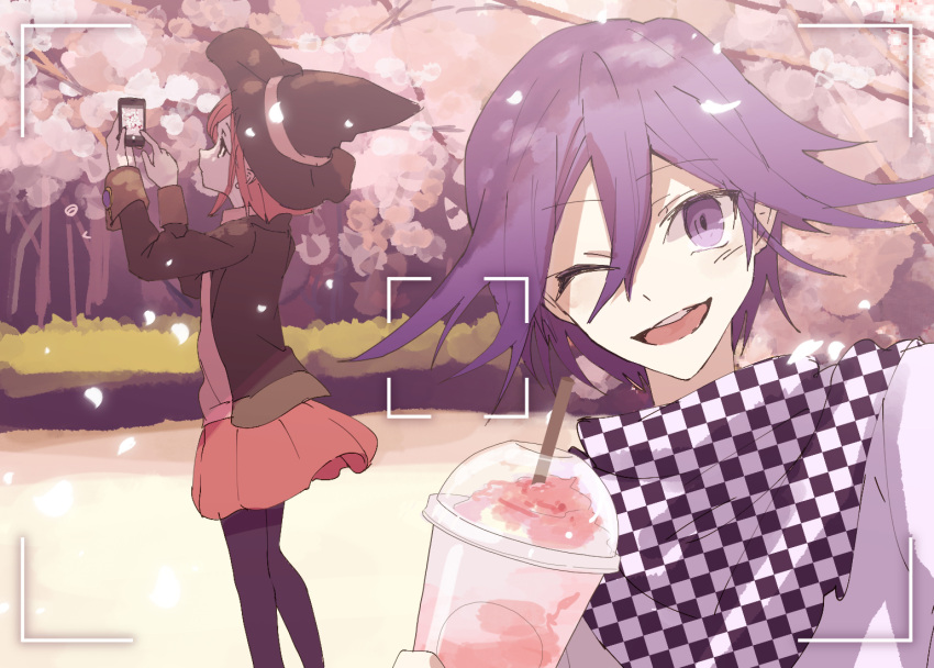 1boy 1girl black_hat black_jacket black_pantyhose black_scarf black_sleeves blazer cellphone checkered_clothes checkered_scarf cherry_blossoms collared_vest commentary_request cup danganronpa_(series) danganronpa_v3:_killing_harmony day disposable_cup drink drinking_straw eyelashes falling_petals feet_out_of_frame hair_between_eyes hat holding holding_drink holding_phone jacket long_sleeves looking_at_viewer miniskirt nagichiro oma_kokichi one_eye_closed open_clothes open_jacket open_mouth outdoors pantyhose petals phone pink_vest pleated_skirt purple_eyes purple_hair red_eyes red_hair red_skirt scarf selfie short_hair single_blush_sticker skirt slushie smartphone smile teeth tree two-tone_scarf unmoving_pattern upper_body upper_teeth_only vest viewfinder white_jacket white_scarf white_sleeves witch_hat yumeno_himiko