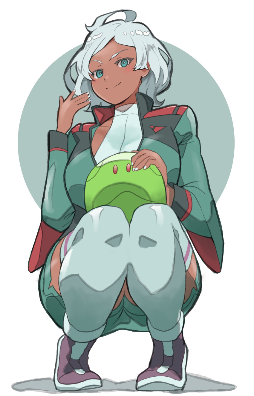 1girl absurdres asticassia_school_uniform breasts dark-skinned_female dark_skin green_jacket green_shorts grey_hair gundam gundam_suisei_no_majo hair_tuft halter_leotard halter_shirt halterneck haro highres jacket k_katora large_breasts leotard long_sleeves looking_at_viewer mobile_suit_gundam partially_unzipped school_uniform secelia_dote shadow short_hair shorts shoulder_boards smile squatting thighhighs white_background white_leotard white_nails white_thighhighs