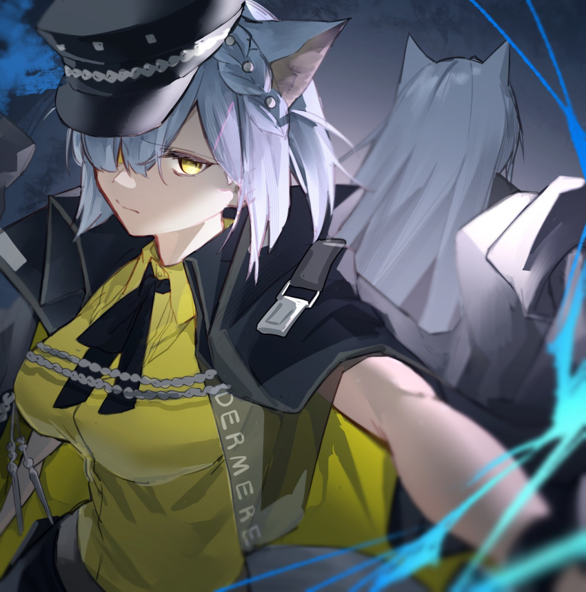 2girls aiguillette animal_ears arknights black_hat black_jacket black_ribbon breasts cat_ears closed_mouth collared_shirt delphine_(arknights) facing_ahead furrowed_brow goma_74umai grey_hair hair_between_eyes hair_over_one_eye hat highres impossible_clothes impossible_shirt jacket large_breasts long_hair long_sleeves looking_at_viewer medium_hair mother_and_daughter multiple_girls neck_ribbon one_eye_covered open_clothes open_jacket outstretched_arm peaked_cap ribbon shirt sidelocks upper_body yellow_eyes yellow_shirt