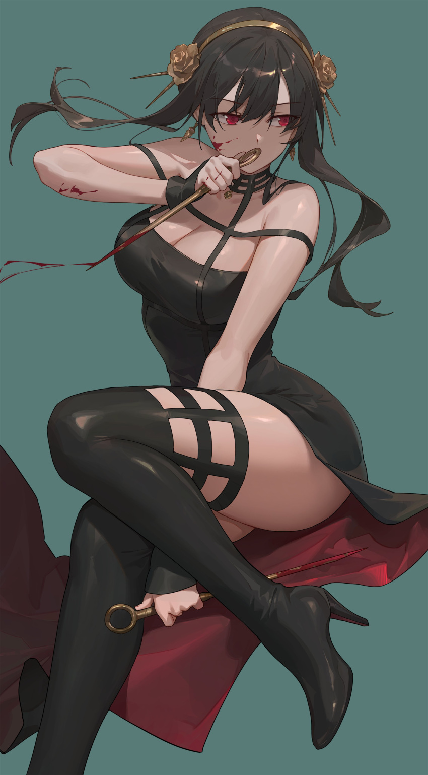 1girl absurdres bare_shoulders black_dress black_gloves black_hair black_thighhighs blood breasts cleavage dagger dress fingerless_gloves free_style_(yohan1754) gloves gold_hairband hair_ornament hairband highres knife large_breasts long_hair looking_to_the_side red_eyes sidelocks spy_x_family thighhighs thighs weapon yor_briar
