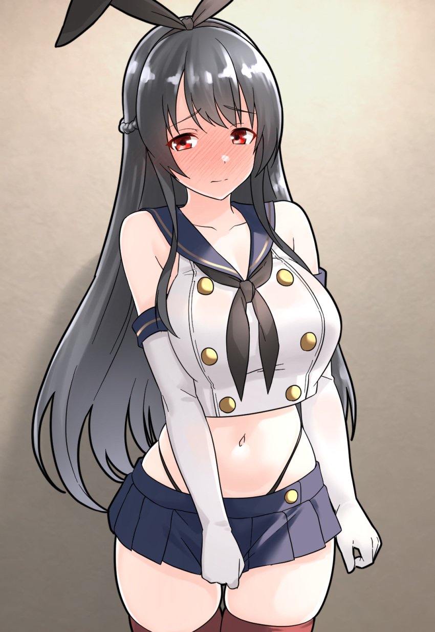 1girl black_hair black_hairband black_neckerchief black_panties blue_sailor_collar blue_skirt blush braid breasts cosplay cowboy_shot crop_top elbow_gloves embarrassed french_braid full-face_blush furaggu_(frag_0416) fusou_(kancolle) gloves hairband highleg highleg_panties highres kantai_collection large_breasts long_hair microskirt navel neckerchief panties pleated_skirt red_eyes sailor_collar shimakaze_(kancolle) shimakaze_(kancolle)_(cosplay) skirt solo standing striped_clothes striped_thighhighs thighhighs thong underwear very_long_hair white_gloves