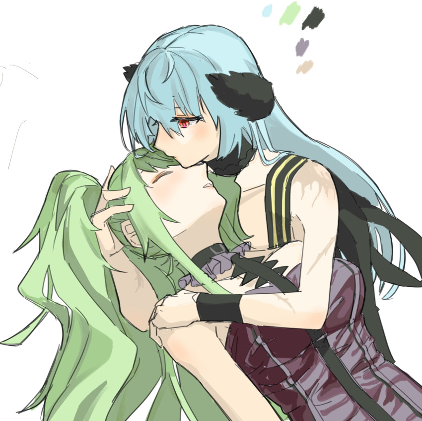 2girls bare_arms black_choker black_dress blue_hair choker closed_mouth commentary_request deep_dig dress girls'_frontline green_hair hand_on_another's_head hand_on_another's_shoulder highres hug long_hair m950a_(girls'_frontline) multiple_girls parted_lips red_eyes simple_background strapless strapless_dress thunder_(girls'_frontline) twintails white_background wristband yuri