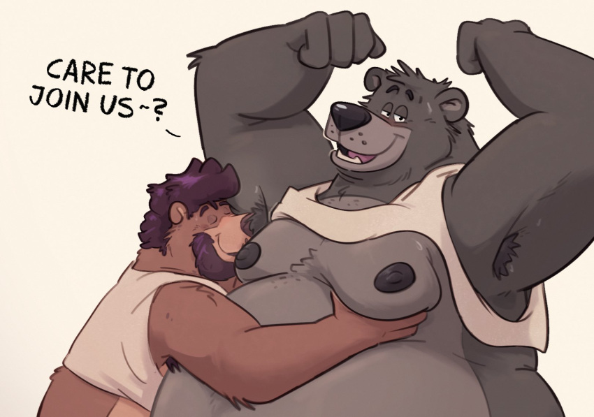 anthro armpit_hair armpit_sniffing baloo bear bearafterall body_hair clothing dialogue duo english_text hi_res looking_at_viewer male male/male mammal nipples shirt simple_background sniffing tank_top text the_jungle_book topwear