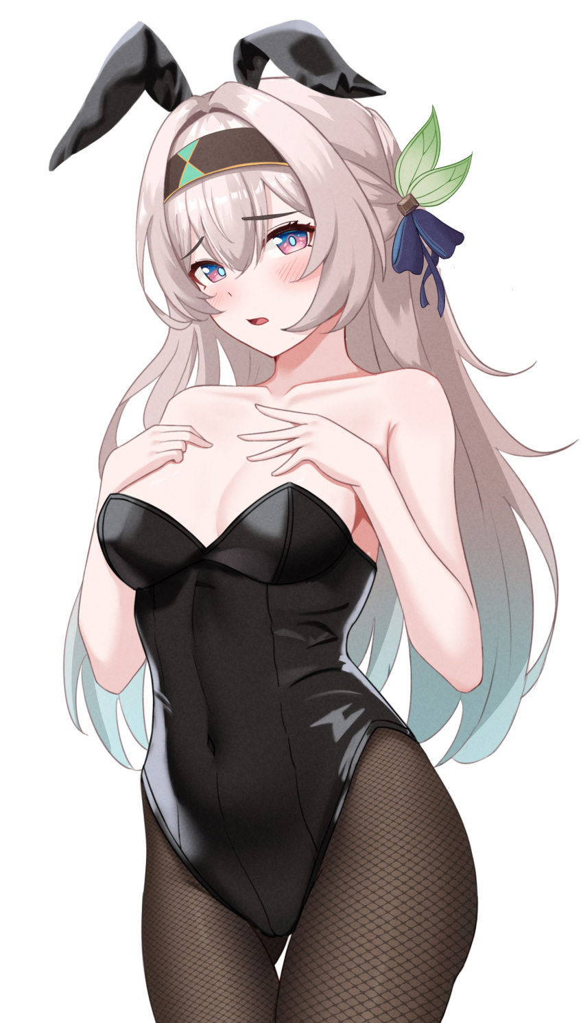 1girl absurdres alternate_costume animal_ears bare_arms bare_shoulders black_hairband blush breasts cleavage commentary fake_animal_ears firefly_(honkai:_star_rail) grey_hair hair_between_eyes hairband highres honkai:_star_rail honkai_(series) long_hair looking_at_viewer medium_breasts open_mouth purple_eyes rabbit_ears shiranaishi simple_background solo very_long_hair white_background