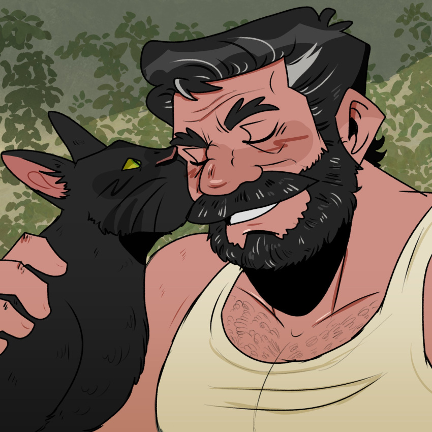 1boy affectionate bara beard black_cat blush callmegaith cat david_eilander facial_hair full_beard grey_hair highres large_pectorals male_focus mature_male multicolored_hair muscular muscular_male pectoral_cleavage pectorals rusty_lake_(series) short_hair solo sparse_chest_hair streaked_beard streaked_hair tank_top thick_beard thick_eyebrows thick_mustache upper_body white_tank_top