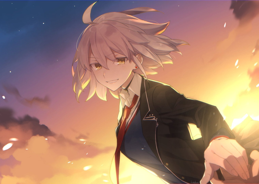 1girl ahoge blush breasts fate/grand_order fate_(series) gradient_sky grey_hair grin jeanne_d'arc_alter_(avenger)_(fate) jeanne_d'arc_alter_(fate) kabutomushi_s large_breasts long_sleeves looking_at_viewer orange_sky school_uniform short_hair sky smile solo sunset twilight yellow_eyes