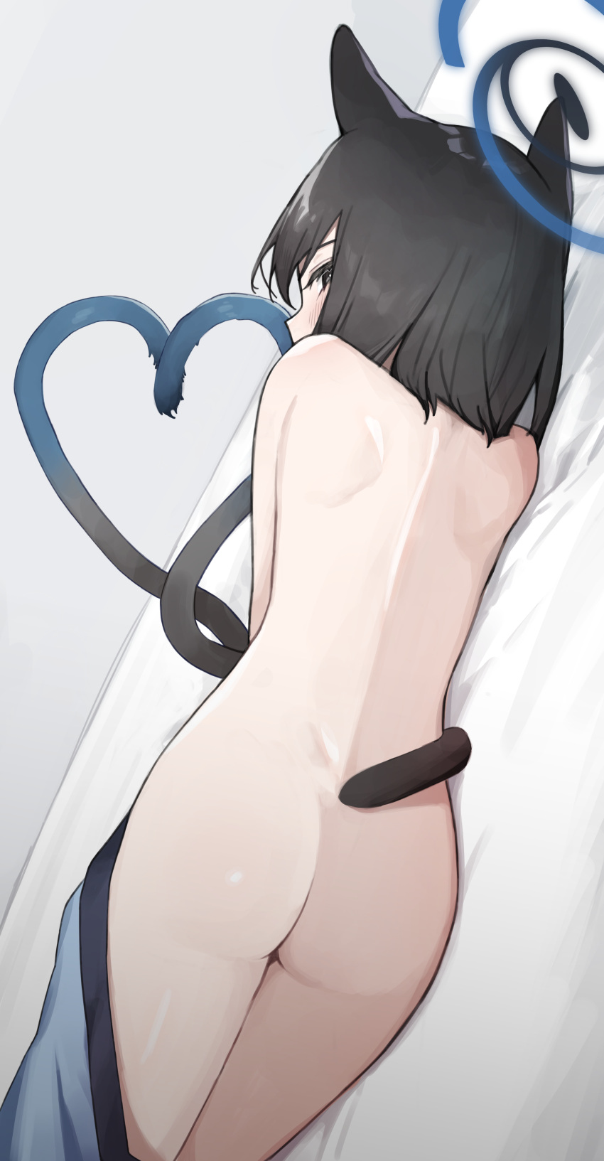 1girl absurdres animal_ears ass back bed_sheet black_eyes black_hair blue_archive blue_halo blush cat_ears cat_girl cat_tail come_hither completely_nude from_behind halo heart heart_tail highres kikyou_(blue_archive) looking_at_viewer looking_back lying medium_hair multiple_tails nude obam on_bed on_side solo tail two_tails under_covers
