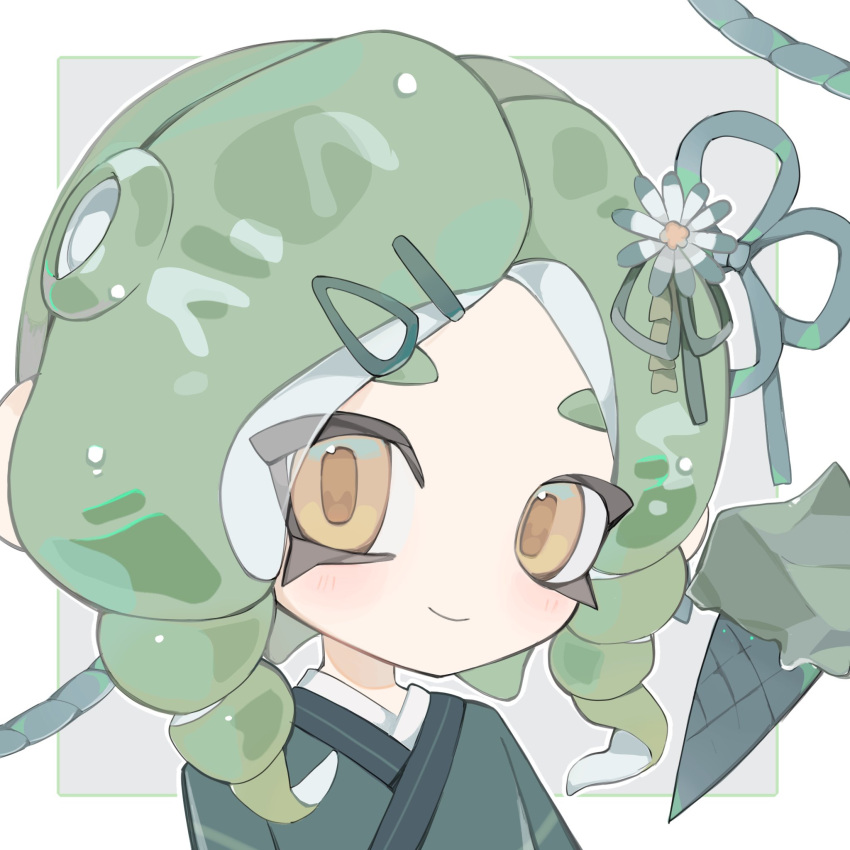 1girl border commentary drill_hair food green_hair grey_background hair_ornament hairclip highres ice_cream long_hair octoling octoling_girl octoling_player_character outside_border rongyu1029 simple_background solo splatoon_(series) tentacle_hair twin_drills upper_body white_border yellow_eyes