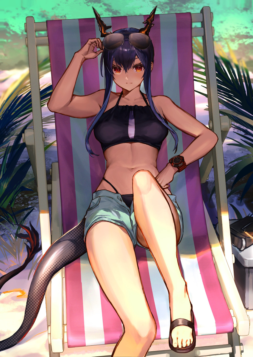 1girl absurdres arknights bikini black_bikini black_footwear blue_hair ch'en_(arknights) commentary_request day denim denim_shorts dragon_girl dragon_horns dragon_tail female_tourist_c_(arknights) foot_out_of_frame highres horns long_hair looking_at_viewer navel orange_eyes outdoors sandals shorts smile solo sunglasses swimsuit tail tsugu0302 watch wristwatch
