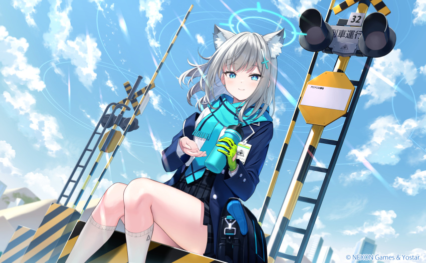 1girl animal_ears black_skirt blue_archive blue_eyes blue_halo blue_scarf blue_sky closed_mouth cloud cloudy_sky commentary_request dutch_angle grey_hair halo highres looking_at_viewer matanonki outdoors railroad_crossing scarf school_uniform shiroko_(blue_archive) shirt short_hair sitting skirt sky smile socks solo thighs white_shirt white_socks wolf_ears wolf_girl