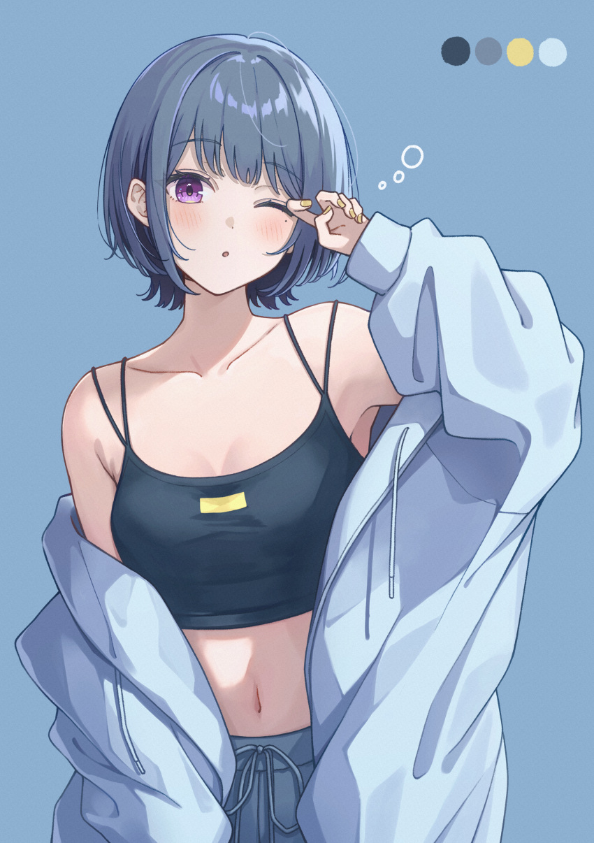 1girl absurdres blue_background blue_cardigan blue_hair breasts cardigan cleavage collarbone crop_top ene_mizunoawa highres koshimizu_toru long_sleeves medium_hair midriff nail_polish navel nijisanji one_eye_closed open_cardigan open_clothes open_mouth red_eyes small_breasts solo standing stomach straight_hair virtual_youtuber yellow_nails