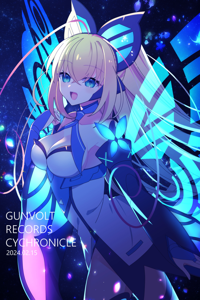 1girl antenna_hair azure_striker_gunvolt blonde_hair breasts butterfly_hair_ornament cleavage copyright_name dated detached_sleeves dress energy_wings glowing green_eyes gunvolt_records_cychronicle hair_ornament highres idol large_breasts lololotton long_sleeves looking_at_viewer lumen_(gunvolt) multicolored_hair pink_hair release_celebration solo white_dress