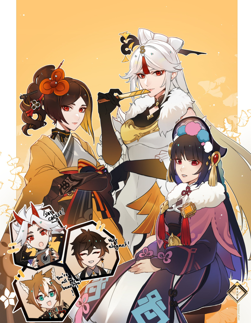 3boys 3girls absurdres animal_ears arataki_itto asymmetrical_hair black_hair blonde_hair brown_hair camera chinese_clothes chiori_(genshin_impact) closed_mouth colored_inner_hair crossed_arms dangle_earrings dog_ears dress earrings english_text fur_collar genshin_impact ginkgo_leaf gloves gorou_(genshin_impact) green_eyes grey_hair hair_ornament hair_stick hat height_difference highres holding holding_camera horns japanese_clothes jewelry kurogawa_shion leaf light_smile lips long_hair long_sleeves multicolored_hair multiple_boys multiple_girls ningguang_(genshin_impact) on_stool open_mouth parted_lips puffy_long_sleeves puffy_sleeves red_eyes red_horns sitting smile standing stool taking_picture tassel tassel_hair_ornament two-tone_hair very_long_hair yun_jin_(genshin_impact) zhongli_(genshin_impact)