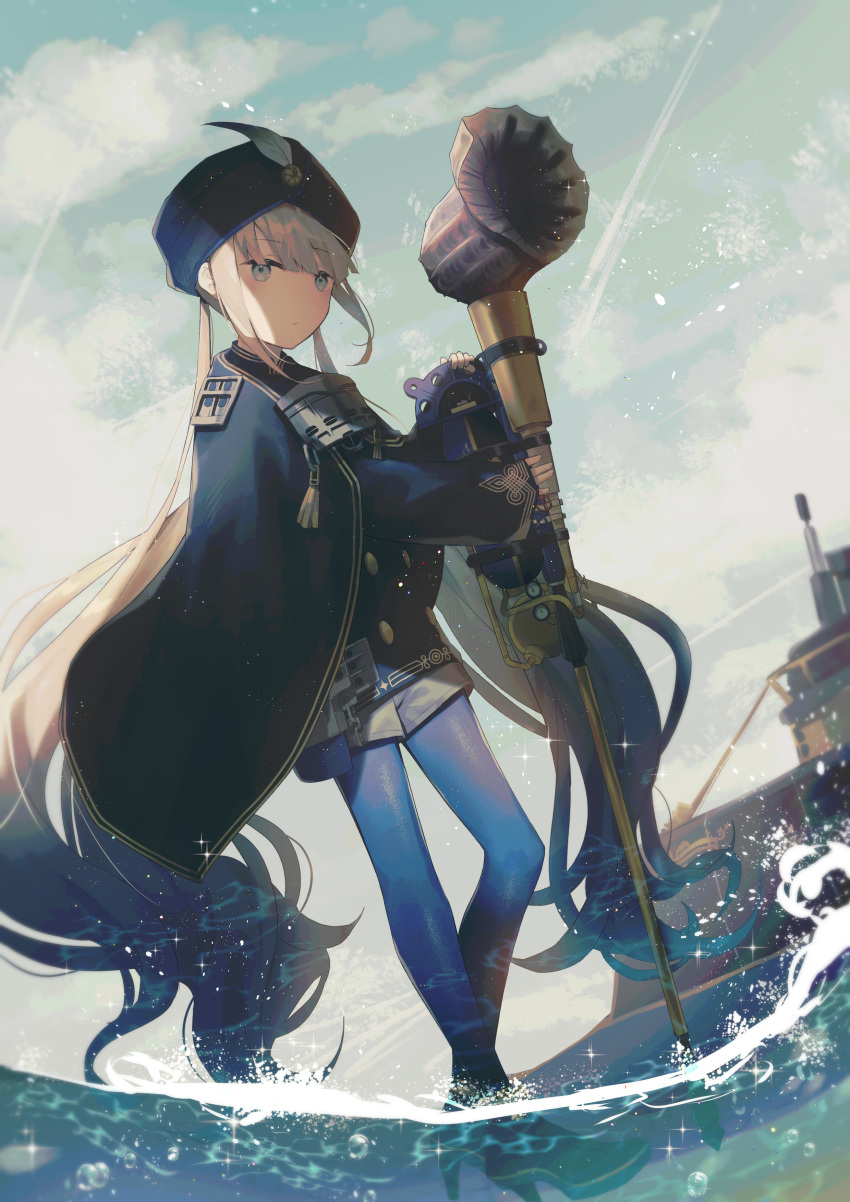 1boy absurdres blue_eyes blue_hair blue_leggings blue_pantyhose captain_nemo_(fate) fate/grand_order fate_(series) fur_hat gradient_hair hat hat_feather highres jacket leggings light_brown_hair long_hair long_sleeves low_twintails male_focus military_uniform multicolored_hair naval_uniform nemo_(fate) pants pantyhose shorts solo tight_clothes tight_pants turban twintails uniform very_long_hair yakksan