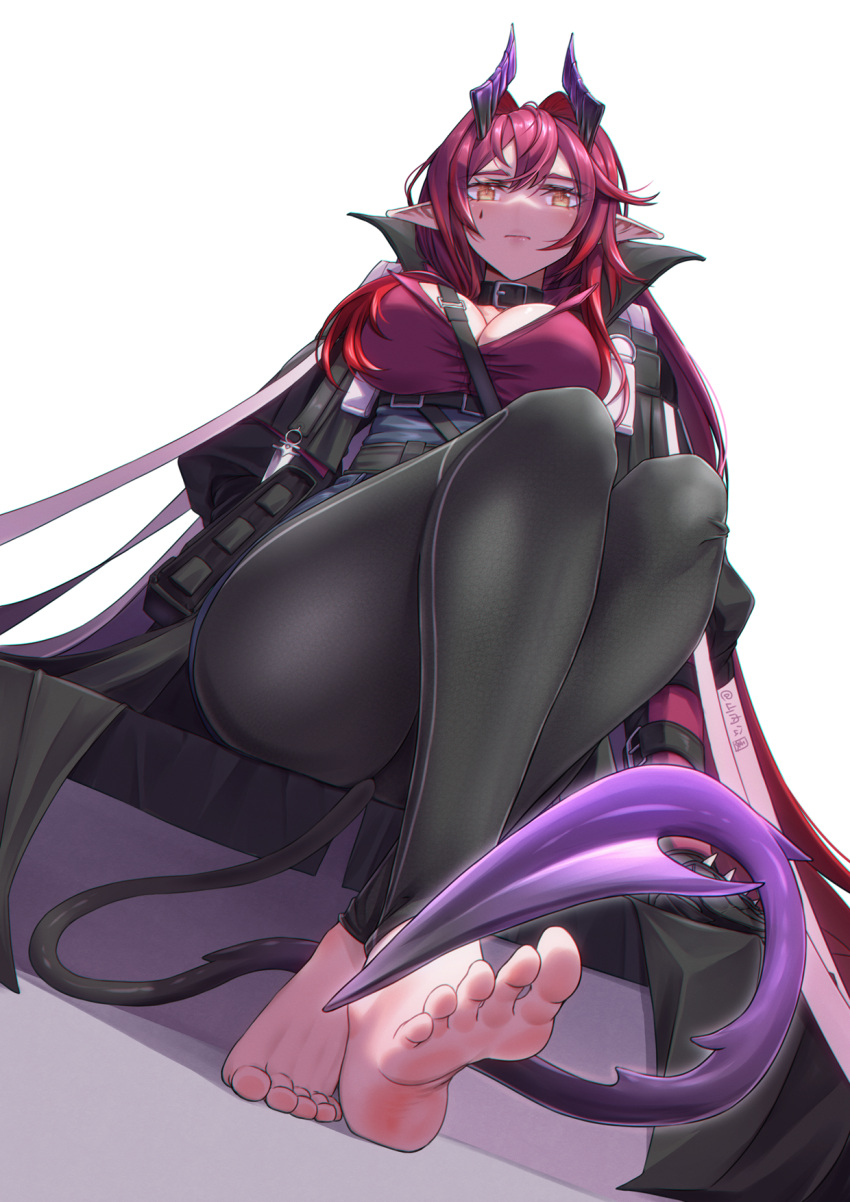 1girl arknights ascalon_(arknights) barefoot black_choker breasts bursting_breasts choker cleavage demon_horns demon_tail expressionless feet foot_focus glaring high_collar highres horns large_breasts leggings looking_at_viewer looking_down mole mole_under_eye pointy_ears red_hair shadow sitting soles solo tail toes yamauchi_(conan-comy) yellow_eyes