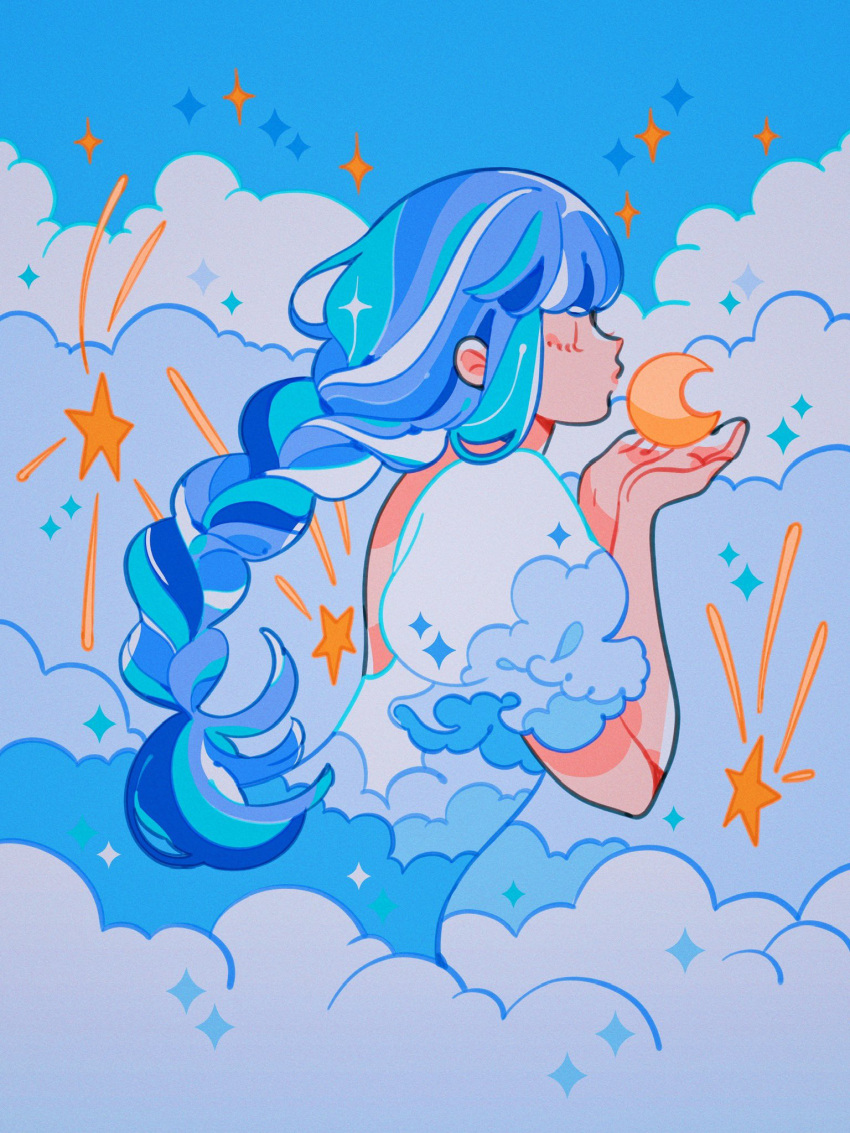 blue_dress blue_hair blue_sky blue_theme braid closed_eyes cloud cloud_print crescent_moon cupping_hands dress highres meyoco moon original own_hands_together puffy_short_sleeves puffy_sleeves short_sleeves single_braid sky sparkle star_(sky)