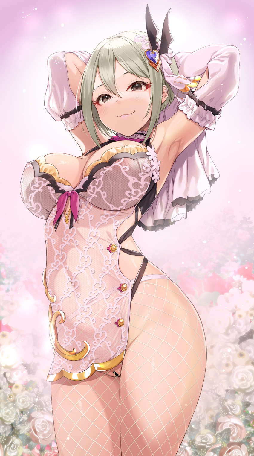1girl absurdres armpits arms_up bar_censor black_eyes blush breasts censored cleavage closed_mouth detached_sleeves fishnet_pantyhose fishnets grey_hair hair_between_eyes hair_ornament heart heart_hair_ornament highres idolmaster idolmaster_cinderella_girls large_breasts lips looking_at_viewer mk_(mod0) nipples no_panties pantyhose presenting_armpit pussy see-through shiomi_syuko short_hair smile solo white_pantyhose