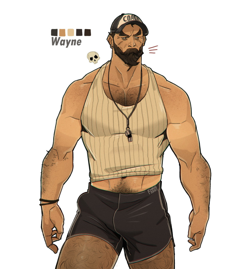 1boy bara baseball_cap beard beard_over_mouth black_hair bulge chest_hair_peek chris_sdd cowboy_shot facial_hair full_beard hairy hat highres large_pectorals looking_to_the_side male_focus mature_male midriff_peek muscular muscular_male navel navel_hair original pectoral_cleavage pectorals short_hair short_shorts shorts solo standing striped_tank_top tan tank_top thick_arm_hair thick_beard thick_chest_hair thick_eyebrows thick_leg_hair thick_mustache thick_navel_hair thick_thighs thighs tsurime very_hairy wayne_(chris_sdd) white_tank_top wrinkled_skin