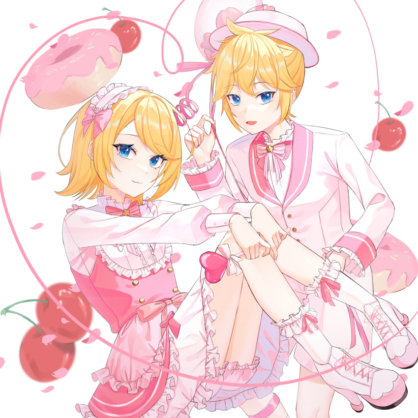 1boy 1girl absurdres blonde_hair blue_eyes bow bowtie buttons candy cherry closed_mouth doughnut dress falling_petals food frilled_dress frilled_socks frills fruit hairband hat heart heart_of_string highres holding holding_candy holding_food holding_lollipop holding_string kagamine_len kagamine_rin lollipop looking_at_viewer nyan2school open_mouth petals pink_bow pink_bowtie pink_dress pink_footwear pink_hairband pink_hat pink_petals pink_theme short_hair siblings smile socks star_(symbol) string suit swept_bangs twins vocaloid white_socks white_suit
