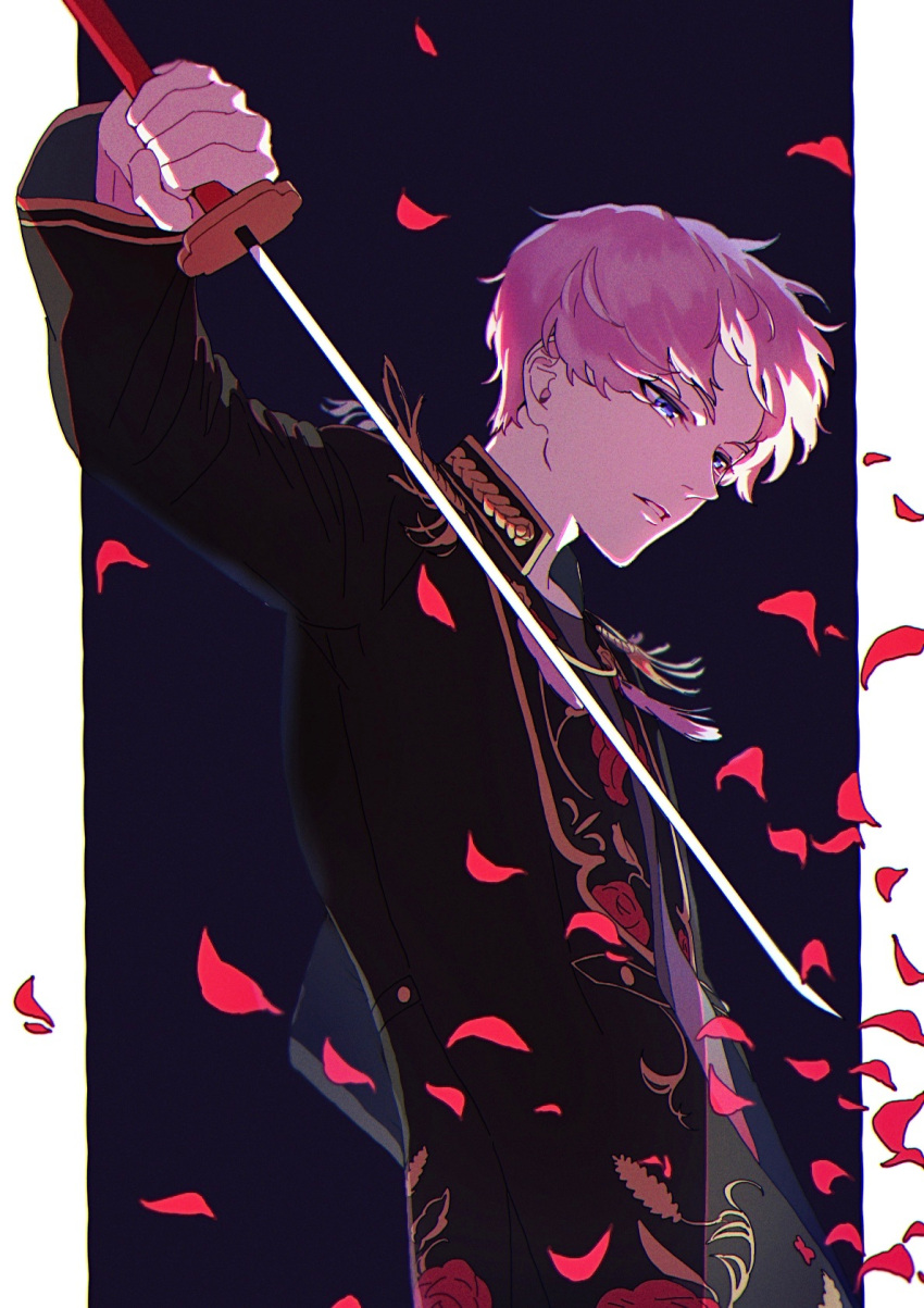 1boy black_jacket blue_eyes border ensemble_stars! half-closed_eyes highres hnd15098770 holding holding_sword holding_weapon itsuki_shu jacket katana long_sleeves male_focus open_mouth petals pillarboxed pink_hair short_hair solo sword weapon white_border