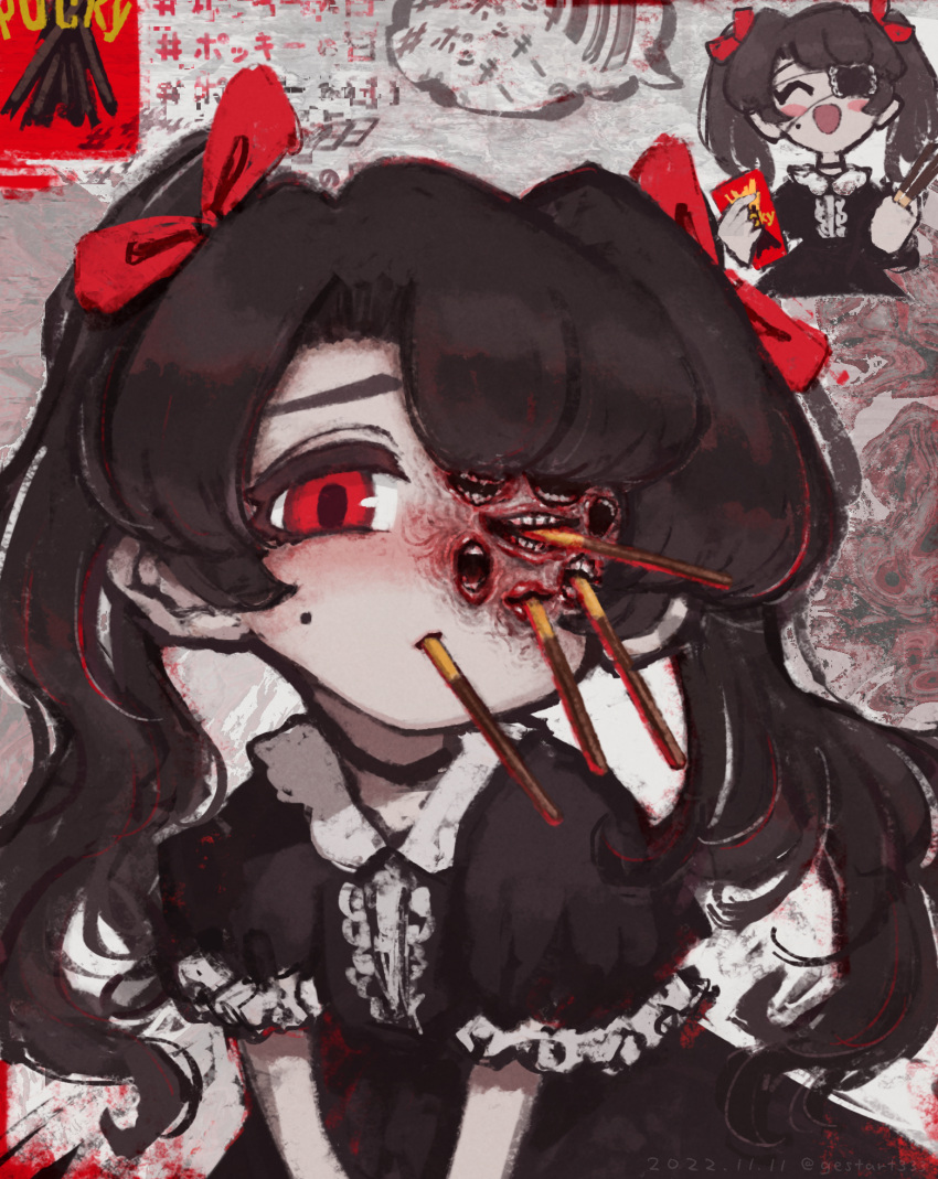 1girl :d ^_^ black_choker black_dress blush_stickers body_horror brown_hair choker closed_eyes collared_dress curtained_hair dated dress extra_mouth eyepatch food food_in_mouth frilled_sleeves frills gestart333 gosick goth_fashion gothic_lolita hair_ribbon hashtag highres holding holding_food holding_pocky horror_(theme) inset leaning_forward lolita_fashion long_hair medical_eyepatch missing_eye mole original pixiv_username pocky pocky_day pocky_in_mouth puffy_short_sleeves puffy_sleeves red_eyes red_ribbon ribbon short_sleeves smile speech_bubble teeth twintails upper_body