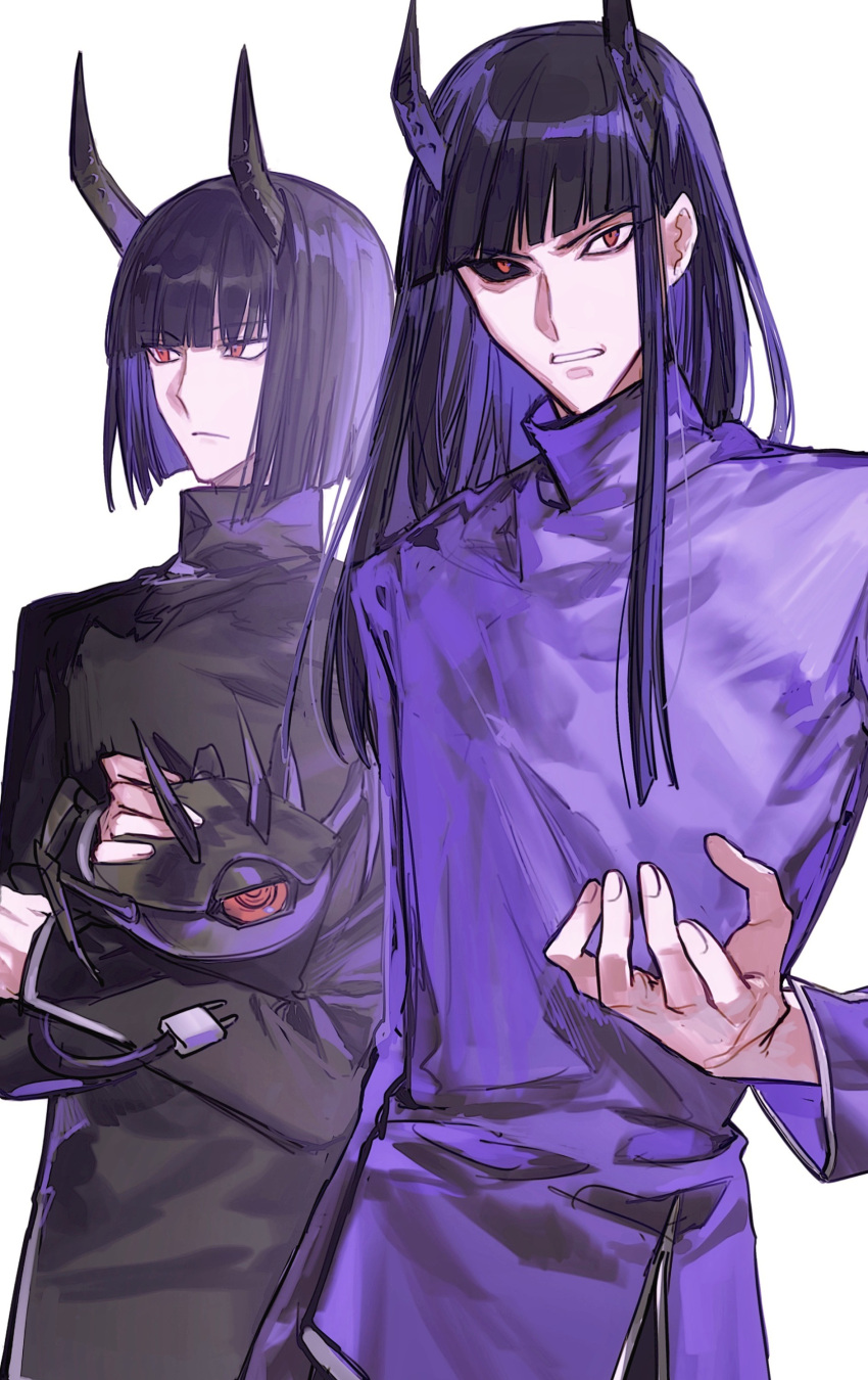 2boys absurdres black_hair black_sclera black_shirt bob_cut character_request chinese_commentary colored_sclera commentary_request crossed_arms electric_plug_tail enedra hand_up highres horns long_hair long_sleeves looking_to_the_side male_focus multiple_boys naoki_(2rzmcaizerails6) purple_shirt red_eyes robot shirt simple_background turtleneck turtleneck_shirt upper_body white_background world_trigger