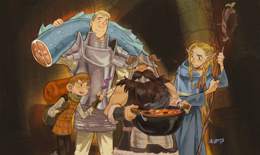 1girl 3boys armor backpack bag beard blonde_hair blue_robe brown_hair carrying chilchuck_tims dungeon dungeon_meshi dwarf elf facial_hair fake_horns fins fish_tail food grey_armor helmet highres holding holding_wand horned_helmet horns indoors kenesu laios_touden long_beard looking_at_another marcille_donato meat multiple_boys pointy_ears raised_eyebrow robe senshi_(dungeon_meshi) smile standing tail very_long_beard wand