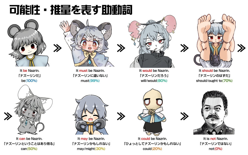 1boy 1girl :t ahoge animal_ear_piercing animal_ears artist_request bilingual black_shirt bloomers blue_gemstone blush bow bowtie capelet character_doll cigarette closed_mouth collaboration english_text facial_hair fake_animal_ears fake_animal_ears_removed feet frown gem grey_capelet grey_hair highres jewelry joseph_stalin kasuya_baian liner41 looking_at_viewer mame_komari medium_bangs medium_hair mixed-language_text mouse_(animal) mouse_ears mouse_girl mustache nazrin nazrin_(mouse) official_style open_mouth pendant real_life red_eyes shirt short_hair simple_background smile soles thick_eyebrows toes touhou translation_request upper_body waving white_background white_bloomers yellow_bow yellow_bowtie zun_(style)