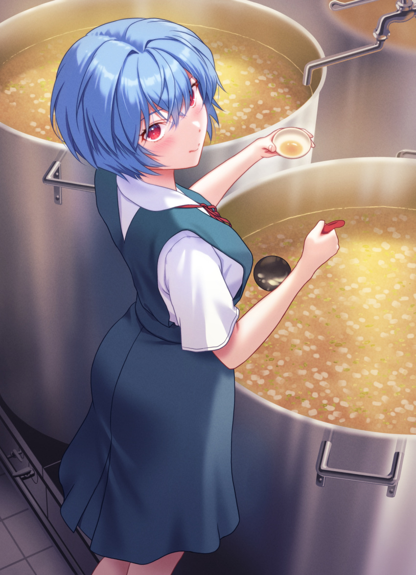 1girl ayanami_rei blue_hair blue_skirt blurry blurry_background blush bowl breasts closed_mouth collared_shirt commentary cooking_pot dress_shirt faucet food from_above from_behind from_side hair_between_eyes highres holding holding_bowl holding_ladle ladle looking_at_viewer looking_back looking_to_the_side looking_up medium_breasts neon_genesis_evangelion red_eyes school_uniform shirt short_hair short_sleeves skirt smile solo soup tile_floor tiles tokyo-3_middle_school_uniform upturned_eyes vat white_shirt yahha