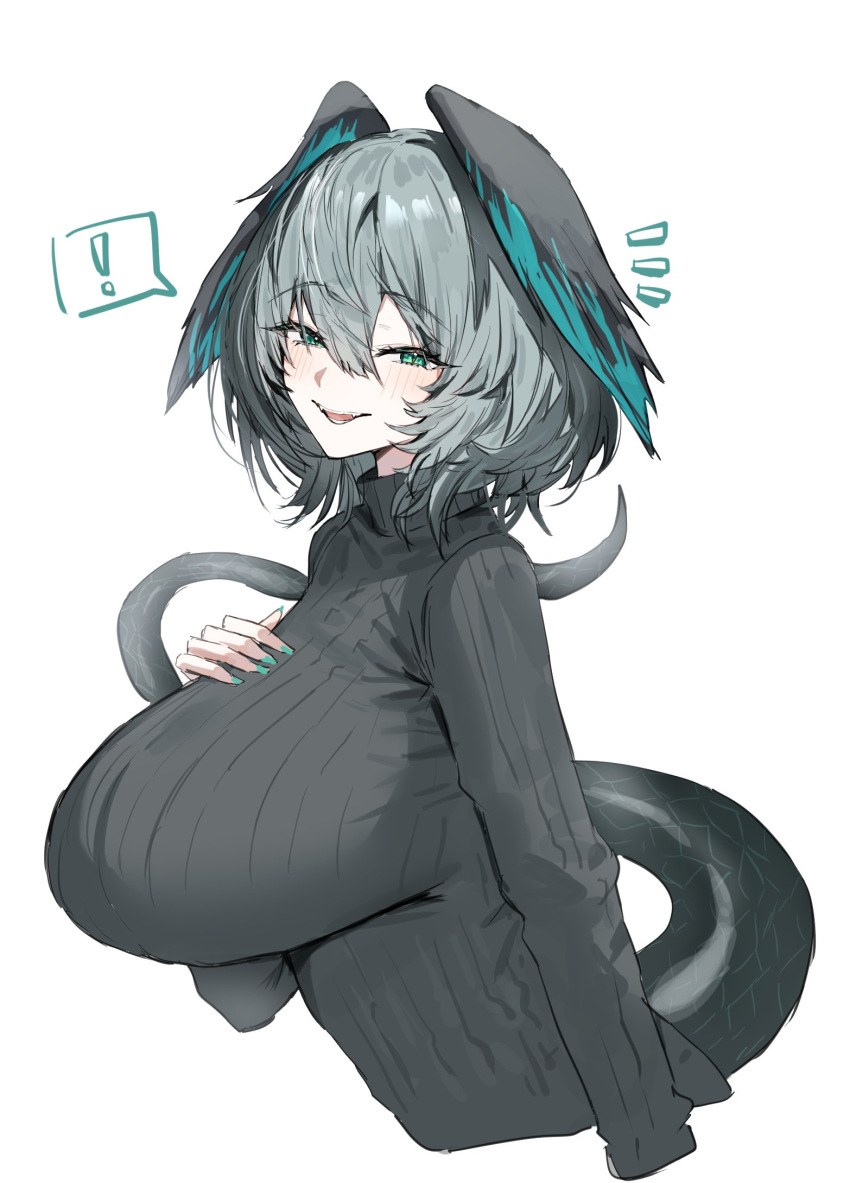 ! 1girl alternate_costume aqua_eyes arknights black_sweater blush breasts commentary_request from_side grey_hair hair_between_eyes head_wings highres ho'olheyak_(arknights) horn/wood large_breasts long_sleeves looking_at_viewer open_mouth short_hair simple_background smile snake_tail solo spoken_exclamation_mark sweater tail turtleneck turtleneck_sweater upper_body white_background wings