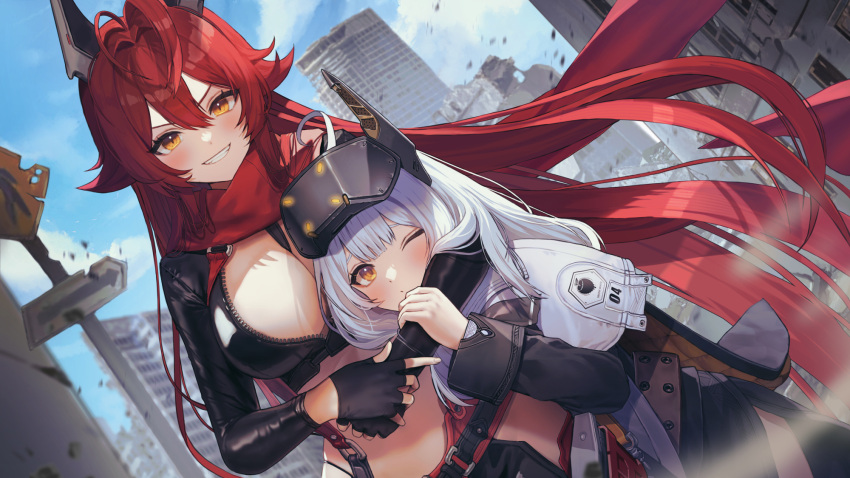 2girls black_gloves black_horns black_jacket blue_sky blush breasts building cloud cloudy_sky commentary_request cropped_jacket day double-parted_bangs dutch_angle fingerless_gloves gloves goddess_of_victory:_nikke hair_between_eyes hanato_(seonoaiko) highres horns hug jacket korean_commentary large_breasts long_hair long_sleeves looking_at_viewer multiple_girls one_eye_closed red_hair red_hood_(nikke) red_scarf scarf sky smile snow_white_(innocent_days)_(nikke) snow_white_(nikke) upper_body v-shaped_eyebrows visor_(armor) white_hair yellow_eyes