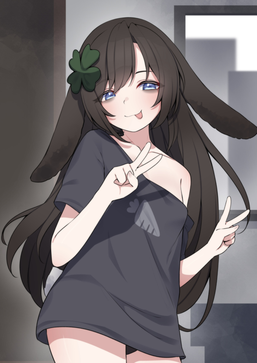 1girl :p animal_ears bags_under_eyes black_hair black_panties black_shirt blue_eyes carrot_print clover_hair_ornament collarbone commission double_v food_print four-leaf_clover_hair_ornament hair_ornament highres indie_virtual_youtuber kiyomi_pyon-pyon long_hair lop_rabbit_ears no_pants panties rabbit_ears rabbit_girl rabbit_tail shirt single_bare_shoulder solo tail tongue tongue_out underwear v valefal_coneri vgen_commission virtual_youtuber