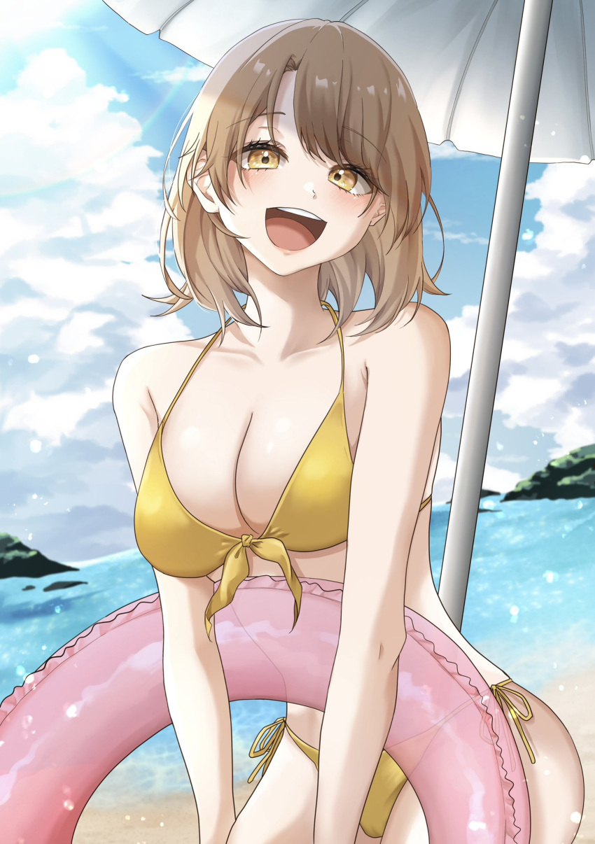 1girl beach beach_umbrella bikini blonde_hair blush breasts cleavage collarbone day dutch_angle front-tie_bikini_top front-tie_top highres innertube isshiki_iroha large_breasts light_(lightpicture33) looking_at_viewer medium_hair ocean open_mouth outdoors side-tie_bikini_bottom solo swim_ring swimsuit teeth umbrella upper_teeth_only yahari_ore_no_seishun_lovecome_wa_machigatteiru. yellow_bikini yellow_eyes