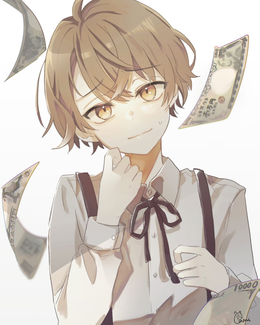 1boy banknote bishounen black_ribbon brown_eyes brown_hair buttons closed_mouth collared_shirt gami_ww highres kagami_hayato long_sleeves looking_at_viewer male_focus money nervous nijisanji ribbon shirt short_hair signature simple_background suspenders sweat virtual_youtuber white_background