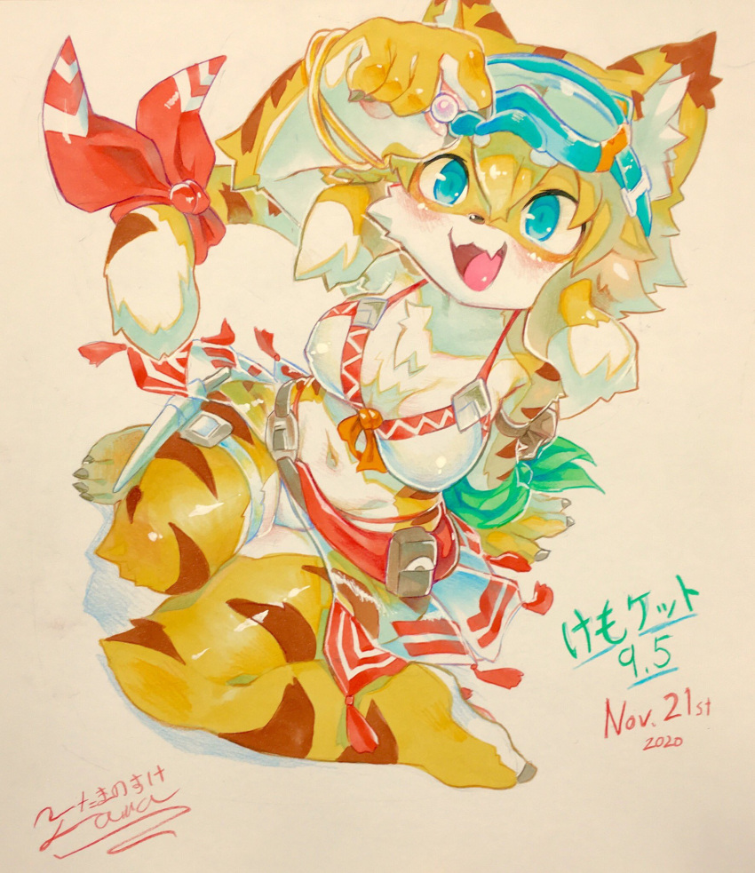 2020 5_fingers anthro bent_legs bikini biped blue_eyes blush bottomwear breasts brown_stripes chest_tuft clothed clothing cygames eyewear felid female fingers fur goggles hi_res high-angle_view inner_ear_fluff kemono kneeling knock-kneed mammal medium_breasts mia_(world_flipper) navel nipple_outline pantherine pawpads raised_arm signature simple_background skirt solo stripes swimming_goggles swimwear tamanosuke tiger traditional_media_(artwork) tuft white_background white_bikini white_body white_clothing white_fur white_swimwear world_flipper yellow_body