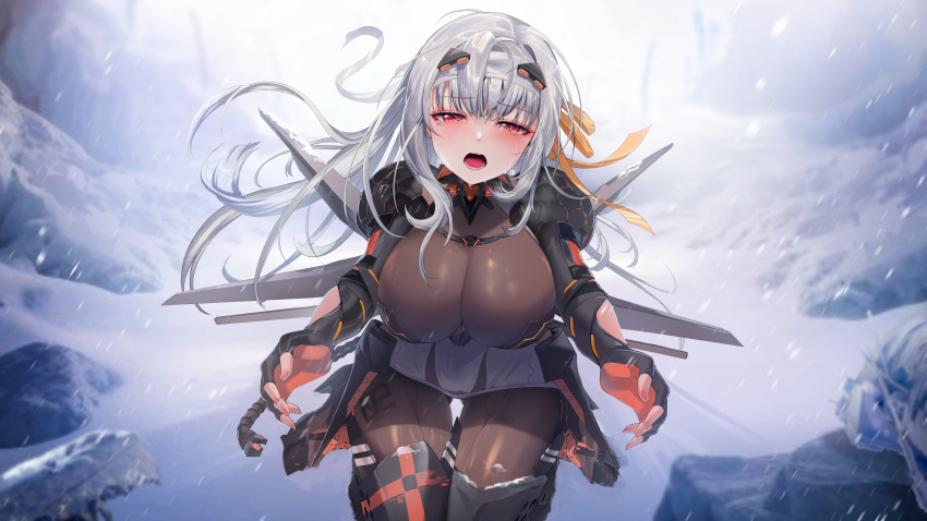 1girl absurdres armor armored_bodysuit armored_gloves bandaged_head bandages black_bodysuit black_gloves blurry blurry_background blush bodystocking bodysuit breasts brown_bodysuit commentary_request crying crying_with_eyes_open fingerless_gloves fingernails gloves goddess_of_victory:_nikke grey_hair hair_ribbon highres korean_commentary large_breasts long_hair looking_at_viewer mecha_musume mixed-language_commentary modernia_(nikke) open_mouth outdoors red_eyes red_gloves ribbon shoulder_armor snow solo tearing_up tears two-tone_gloves yellow_ribbon zerocat