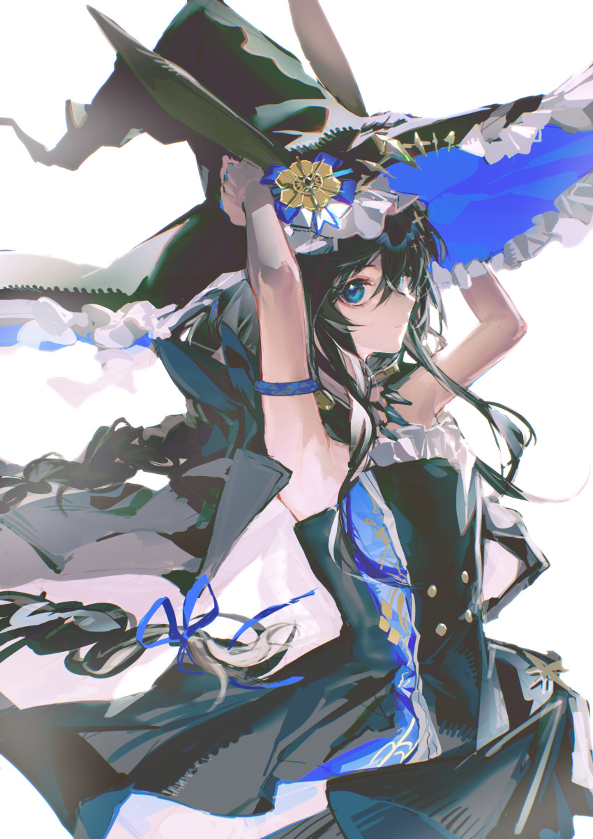 1girl absurdres ambience_synesthesia amiya_(arknights) animal_ears arknights armpits arms_up black_dress black_hair black_hat blue_eyes braid braided_ponytail cape closed_mouth commentary_request cowboy_shot dress frilled_headwear hat highres long_hair looking_at_viewer official_alternate_costume rabbit_ears rabbit_girl simple_background skolly solo strapless strapless_dress very_long_hair white_background witch_hat