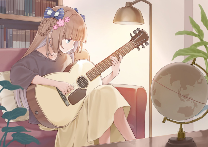 1girl black_shirt blue_bow blunt_bangs book bow braided_hair_rings brown_hair colored_inner_hair couch flower globe grey_hair hair_bow hair_flower hair_ornament indie_virtual_youtuber instrument lamp leaf long_hair looking_at_object maigoyaki mochikomame multicolored_hair music on_couch pink_flower playing_guitar playing_instrument shirt sitting skirt solo two-tone_hair virtual_youtuber yellow_skirt