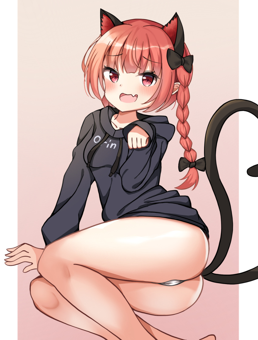 1girl alternate_costume animal_ears barefoot black_bow black_hoodie blush bow brown_background cat_ears cat_girl cat_tail commentary_request drawstring extra_ears fang floorbear hair_bow highres hood hoodie kaenbyou_rin long_sleeves looking_at_viewer multiple_tails nekomata open_mouth panties red_eyes red_hair skin_fang solo tail thighs touhou two_tails underwear white_panties