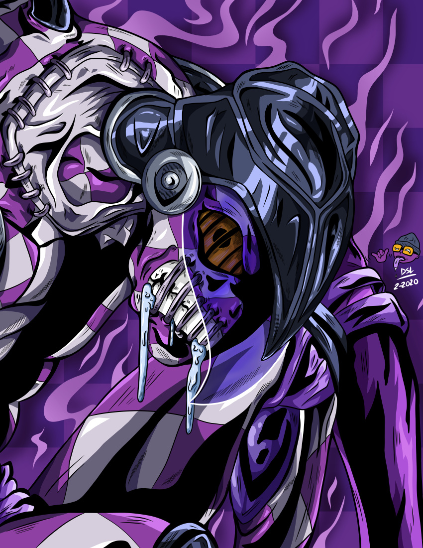 absurdres armor checkered_background clenched_teeth colored_sclera commentary drooling dsl_(chrono23) helmet highres jojo_no_kimyou_na_bouken looking_at_viewer no_humans purple_background purple_haze_(stand) stitched_mouth stitches teeth vento_aureo yellow_sclera