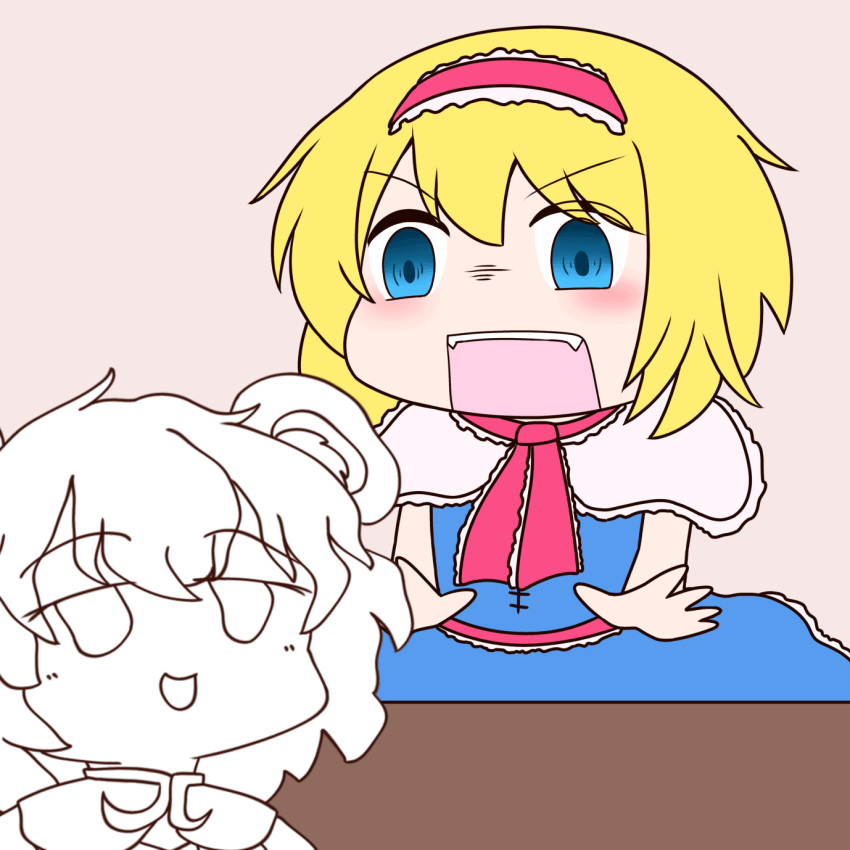 2girls :d alice_margatroid angry animal_ears animated animated_gif blinking blonde_hair blue_dress blue_eyes blush capelet commentary_request cookie_(touhou) desk_slam dress frilled_capelet frilled_hairband frilled_necktie frills grey_background hairband highres ichigo_(cookie) looking_at_another looping_animation mouse_ears mouse_girl multiple_girls nazrin necktie nyon_(cookie) open_mouth pink_hairband pink_necktie pink_sash sash short_hair simple_background smile touhou turn_pale upper_body v-shaped_eyebrows white_capelet y75zei