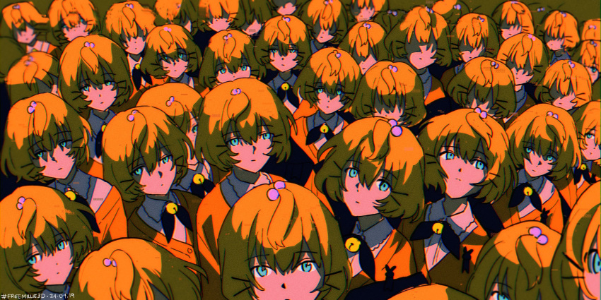 6+girls ahoge aqua_eyes beads bell blonde_hair cardigan clone dated derivative_work english_commentary expressionless hair_beads hair_ornament hashtag highres jingle_bell looking_at_viewer medium_hair milkuriem millie_parfait millie_parfait_(1st_costume) multiple_girls neon_genesis_evangelion nijisanji nijisanji_en orange_cardigan parody