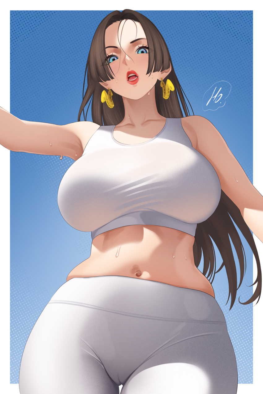 1girl absurdres ass black_hair blue_eyes boa_hancock breasts cameltoe crop_top earrings highres ho_haiiro huge_breasts jewelry navel one_piece pants snake_earrings solo sports_bra white_sports_bra yoga_pants